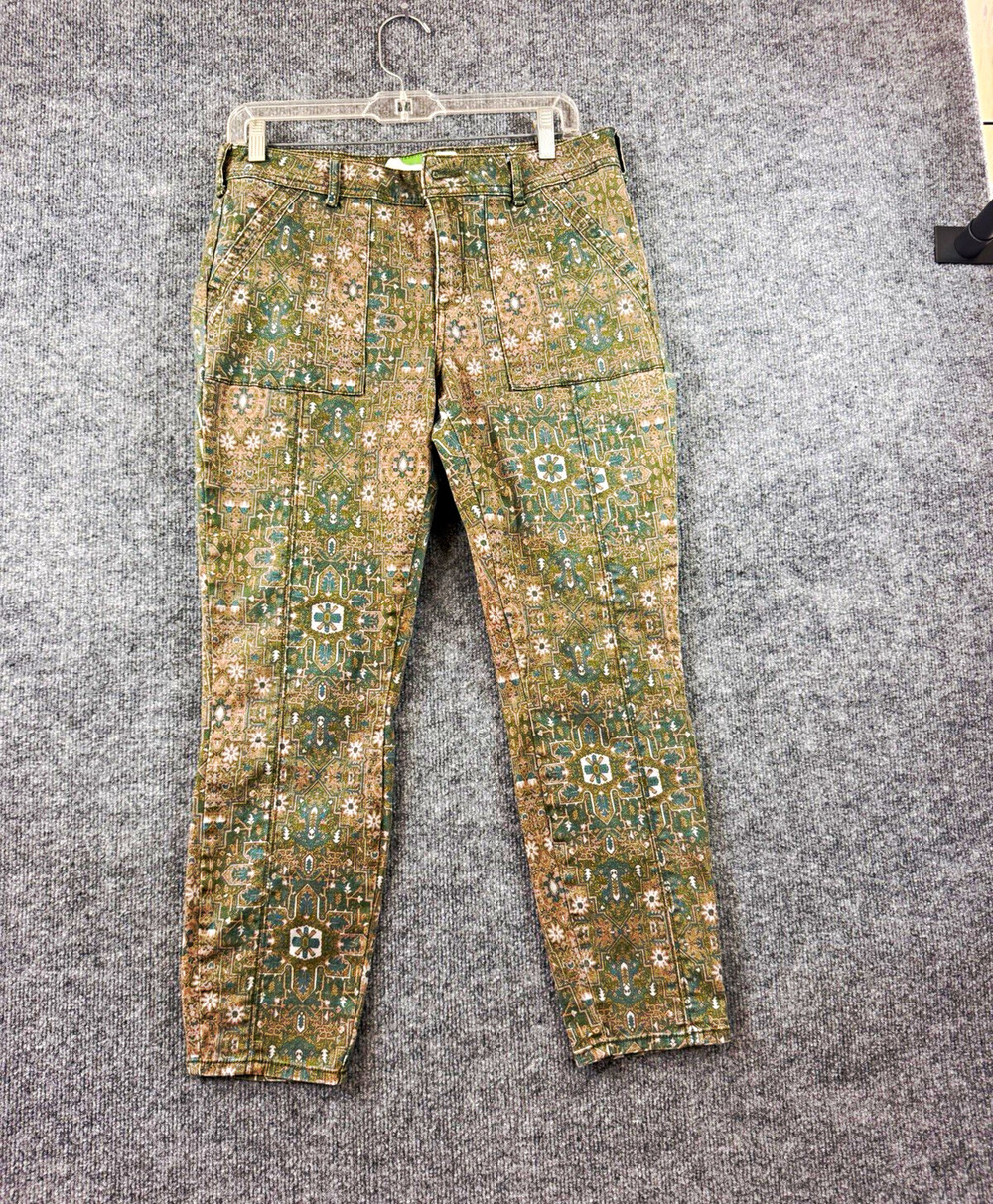 Anthropologie Women’s Green Geometric Skinny Pants Pockets Stretch Mid Rise 30P